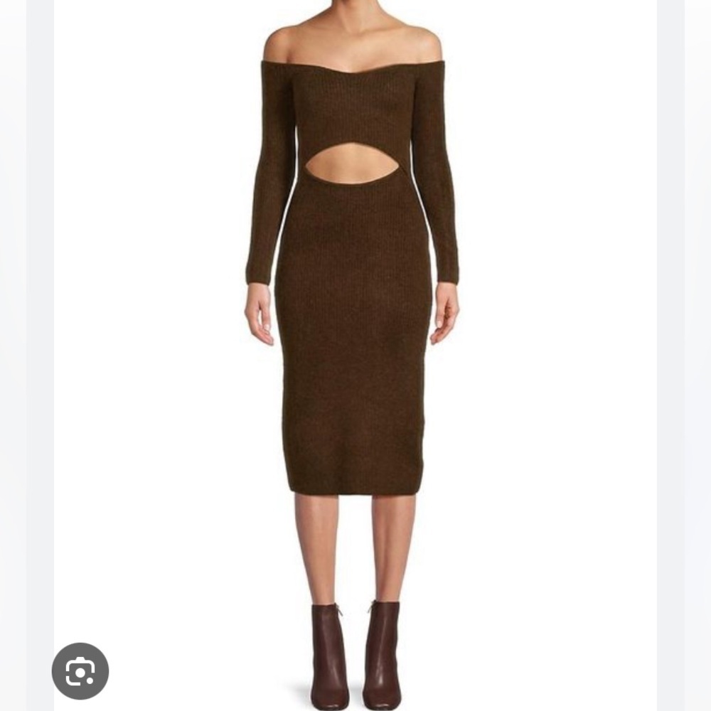 L'AGENCE Cut Out Brown Nana Cutout Midi Acrylic Off The Shoulder Dress sz M